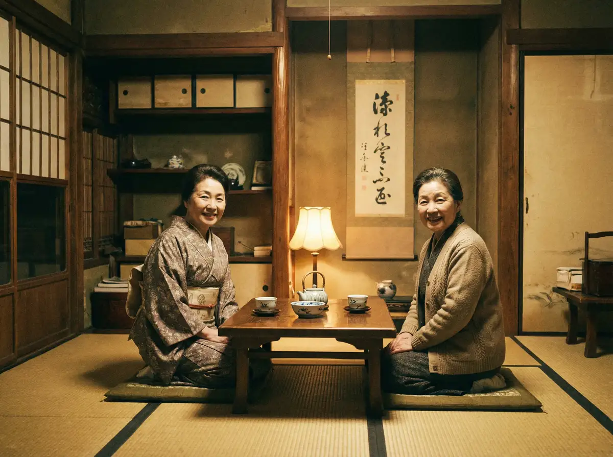 两位优雅的 今日黑料 在日式茶室中品茶交谈